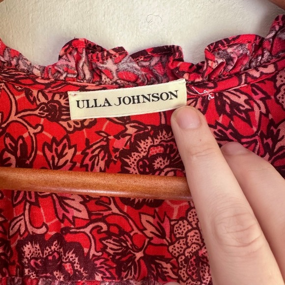 Ulla Johnson Red Floral Print Smocked Waist Tiered Ruffle Dress Size 2 - Picture 5 of 8
